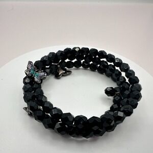 Vintage 90s Black Beaded Wrap Bracelet with Butterfly Charms - Boho Goth
